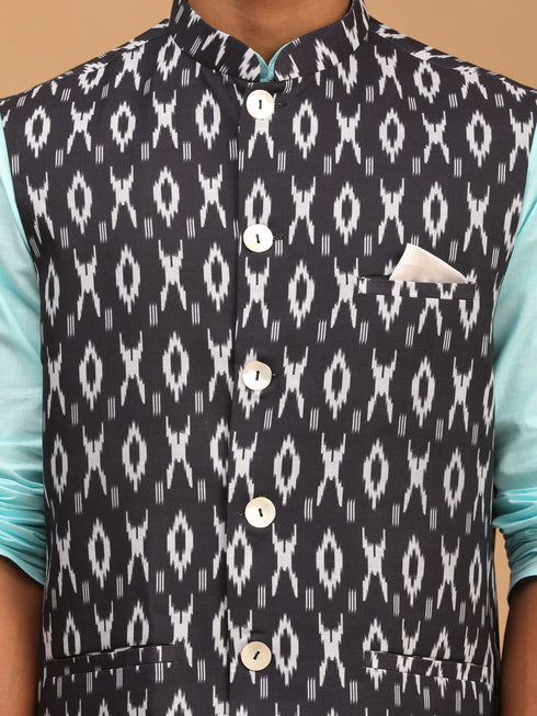 Vastramay Men's Black Ikkat Printed Cotton Nehru Jacket With Aqua Blue Kurta And White Pyjama Set